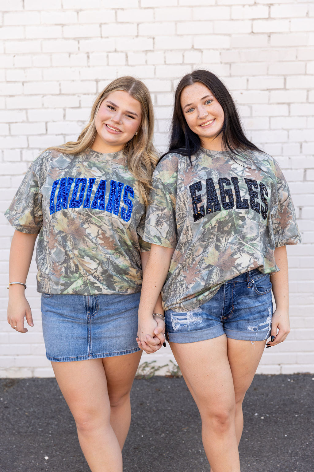 Model wearing a custom Sew Southern Eagles camo spirit shirt