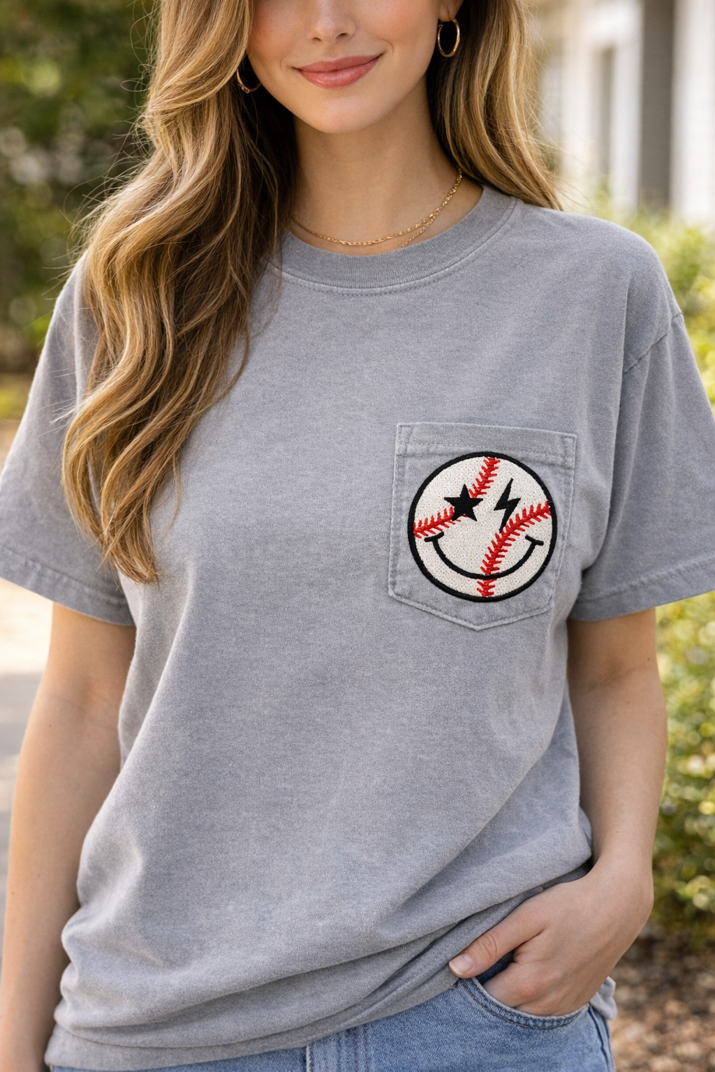 Comfort Color Smiley Baseball Pocket Tee